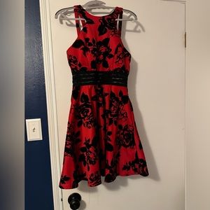 Red & Black sleeveless dress with velvet flowers, Girls Size 11